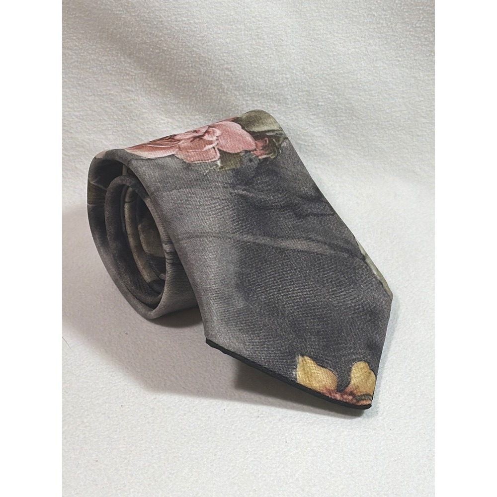 Renee Vecchio Mens Floral Necktie Grey Pink Rose Moody Art Print Tie
